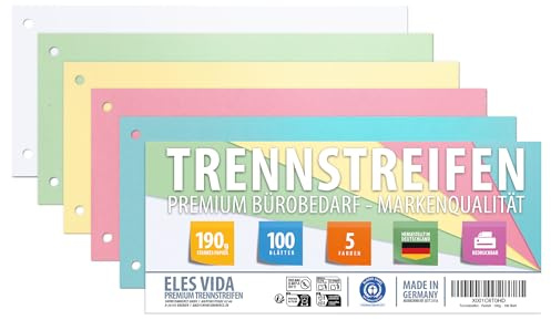 Separadores de colores pastel - 100 unidades - 5 colores surtidos, 24 x 10,5 cm, perforados, DIN A4, imprimibles, ideales para clasificar, con certificación BLUE ANGEL, fabricados en Alemania