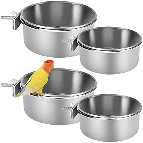Zliger Four-Piece Bird Feeder Set Stainless Steel Bird Tray Parrot Feeders Animal Water & Food Bowl Hanging Bowl Seed Feeder Cage Feeder with Clip-On Stand