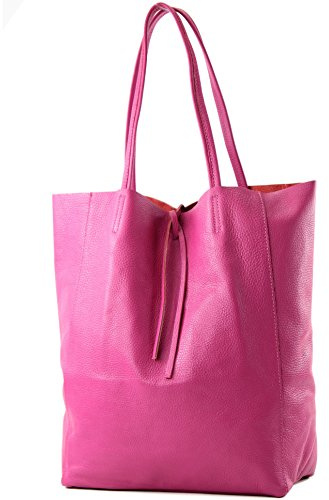 modamoda de T163 Damen Leder Shopper Schultertasche Large mit Innentasche handmade in Italy, Farbe:Pink (B)