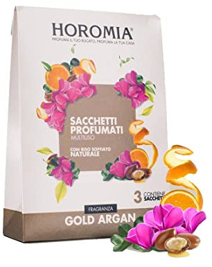 HOROMIA Sacchetti Profumati per Armadio Vestiti e Cassetti - Profumo Intenso e Duraturo fino a 12 Settimane - 3 Sacchetti Gold Argan