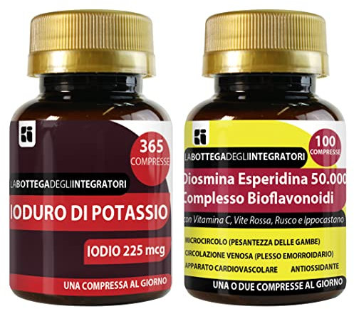 Set di integratori metabolismo tiroide + antiossidante circolazione | iodio 365 compresse + diosmina esperidina bioflavonoidi 100 compresse | non di origine animale | senza glutine e lattosio