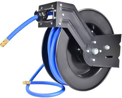 Aain AG40 Retractable Air Hose Reel, 1/2 Inch x 50' Ft Wall Mount Auto Rewind Hose-Reel, Heavy Duty Steel Air Hose Reel, Industrial Grade Rubber Hose, Blue