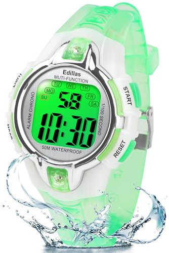 Edillas Kids Digital Watch for Girls Boys,7 Colors LED Flashing Water Resistant Wrist Watches,Child Sport Outdoor Multifunctional Watch with Stopwatch/Alarm for Ages 5-14 (Green)