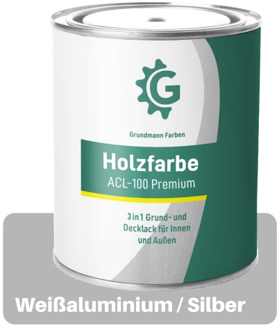 Grundmann Holzfarbe ACL 100 - Holzlack 3 Kg Silber - 4in1 inkl. Grundierung - Seidenmatt - Wetterfest für Innen & Außen - RAL 9006 Weißaluminium