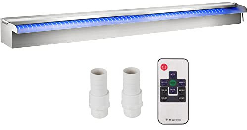 VEVOR Fuente Rectangular para Piscina Acero Inoxidable Cascadas para Piscinas 90 x 11,5 x 8 cm Fuente de Piscina Exterior Flujo de Agua con Tira LED de Colores de Jardín Patio Estanque