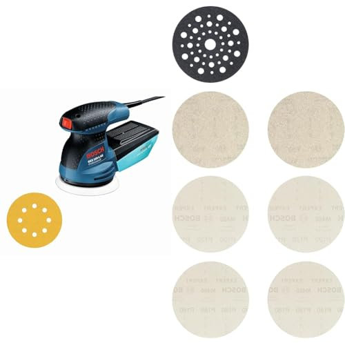 Bosch Professional GEX 125-1 AE - Lijadora excéntrica (250 W, Microfiltro, Ø plato 125 mm, en caja) + 7 piezas Kit de iniciación Expert M480 (para Madera dura, Pintura sobre madera, grano 80/120/180)