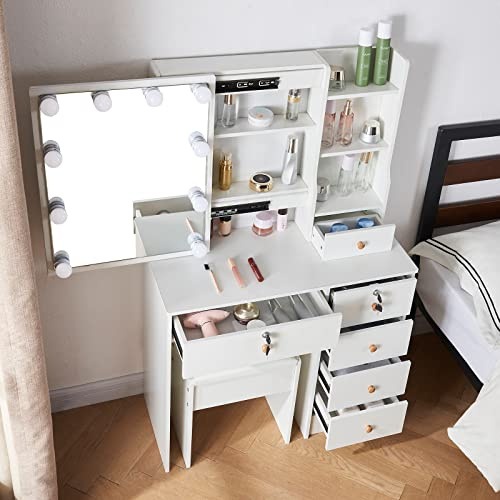 Buildonely Sminkbord med LED-lampor, justerbar ljusstyrka, modernt sminkbord med spegel, 4 hyllor, 6 lådor, 1 pall, 36 x 80 x 131 cm