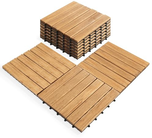 Pack of 10 Deck Tiles - 12x12 Interlocking Natural Solid Acacia Wood for Outdoor & Indoor, Patio Garden, Balcony, Poolside - Natural6 Color