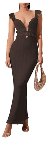 SOLY HUX Women's Maxi Dress Crochet Ruffle Sleeveless Backless Bodycon Long Dresses Solid Coffee Brown Medium