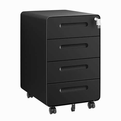 LVSTEEL Rollcontainer mit 4 Schubladen, Aktenschrank, Abgerundetes Eckendesign, Abschließbar, 4 Schlüsseln, Schubladenschrank für Büro und Home Office, Schwarz