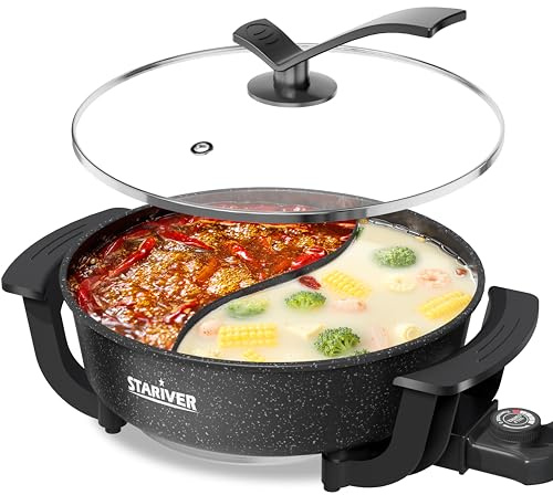 Stariver 6L Electric Hot Pot with Divider - Dual-Flavor Fondue & Shabu Shabu Pot, 1360W with 5-Temp Control, Non-Stick & BPA-Free, Perfect for Family Dinners & Parties