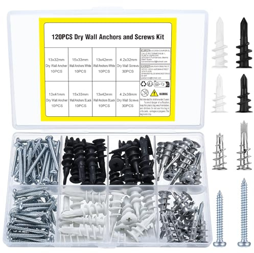 120 Pcs Tornillos y Taco de Metal para Placas de Yeso: 60 Tacos Autoperforantes para Cartón Yeso + 60 Tornillos para Fijación de Pared, Taco de Nailon para Hormigón Placas de Yeso Paneles de Yeso