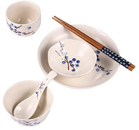 POPETPOP Stoviglie Ceramica Giapponese Casa Con Pattern Fiore Di Prugno Piatti Ciotola Tazza Cucchiaio e Bacchette Resistente e Facile Da Pulire