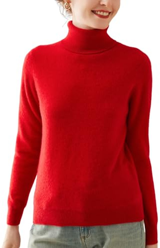DISSA Women Cashmere Jumper Red Roll Neck Knitted Jumper Long Sleeve Fitted Cashmere&Wool Thin Plain Ladies Sweater,UK 12,MN602