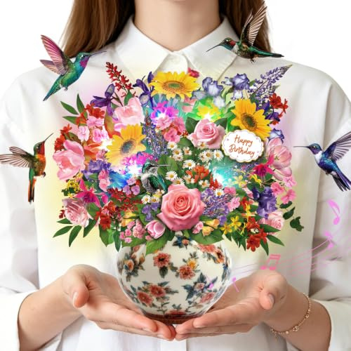 Birthday Cards, 3D Pop-up Hummingbird Musical Birthday Card for Women, Mum | 10 Inch Sized Forever Flower Bouquet, Music & Lights Happy Birthday Card for Girls, Wife, Daughter, Granddaughter
