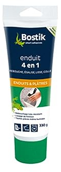 BOSTIK Enduit Mural 4 en 1 Pâte – Rebouche, Egalise, Lisse, Colle – Intérieur/Extérieur – Couleur : Blanc – Tube de 330g
