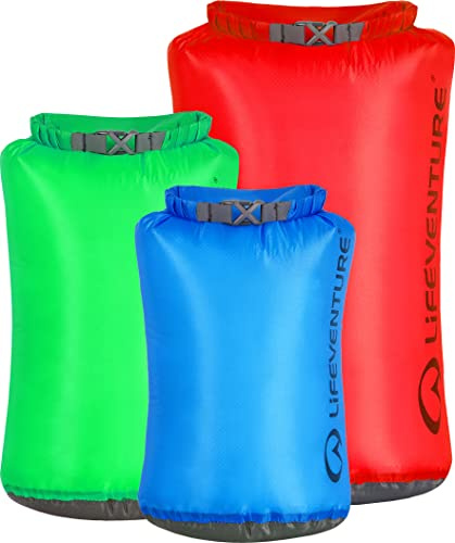 Lifeventure Ultralight Dry Bag Multi-Pack, Siliconized Rip-Stop Fabric with Fully Taped Seams (5L, 10L, 25L), Multi Colour