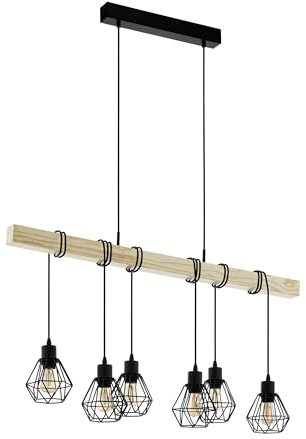 Eglo Pendant Lighting Townshend 5, 6-lamp Vintage Ceiling Light Fitting | industrial hanging lamp for living and dining room, black metal and natural wood, E27 socket