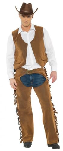 Wild West Men's Costume Western Rider Cowboy Inspired Costume Features Faux Leather Vest and Matching Chaps with Fringe and Buckle