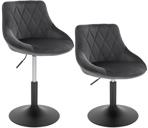 WOLTU 2X pallbänk pall barstol lounge stol stoppad stol med sammet och metall ryggstöd höjdjusterbar vridbar mörkgrå BH242dgr-2
