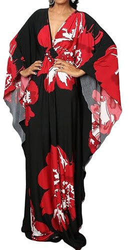 Bsubseach Women Ethnic Print Kaftan Beach Dress Plus Size Swimsuit Cover Up Red Flower