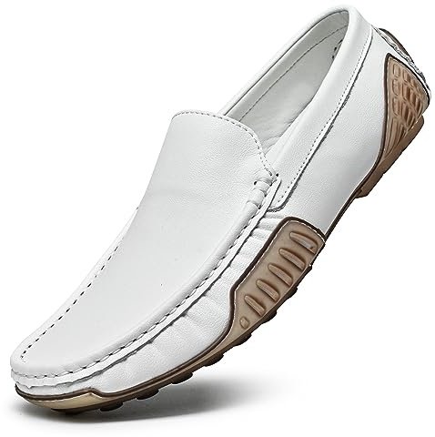 LUODENGLANG Herren-Slipper Freizeitschuhe zum Hineinschlüpfen, Penny-Loafers mit Gummisohle, weich, leicht, flache Schuhe, Bootsfreie Schuhe, Weiss/opulenter Garten, 46 EU