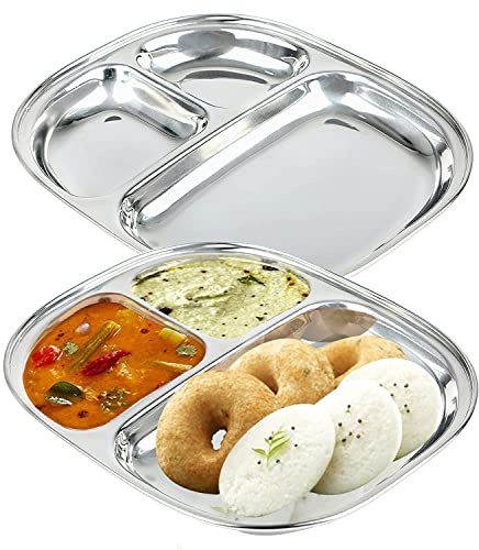 WG inc fackplattor i rostfritt stål, 2-pack, 3-i-1 sektion delade middagstallrikar, icke-giftiga metall småbarnstallrikar, indisk lunchbricka för vuxna, barn, utomhus, camping