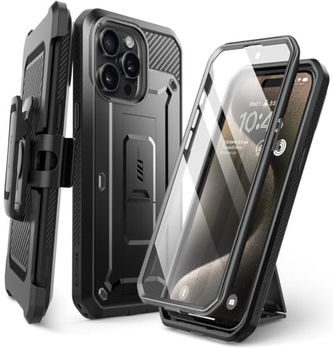 SUPCASE Unicorn Beetle Pro for iPhone 15 Pro Max Case with Stand, [Built-in Screen Protector & Belt-Clip] [Military-Grade Protection] Full Body Heavy Duty Phone Case for iPhone 15 Pro Max, Black