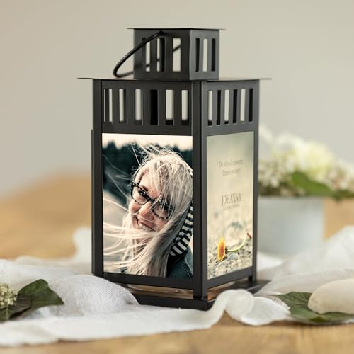 Foto Laterne mit Bild als Geschenk zum Muttertag, Geburtstag, Hochzeit, Valentinstag | personalisiertes Geschenk mit Bild | direkt auf Amazon gestalten | Schwarze Metall Laterne mit Foto