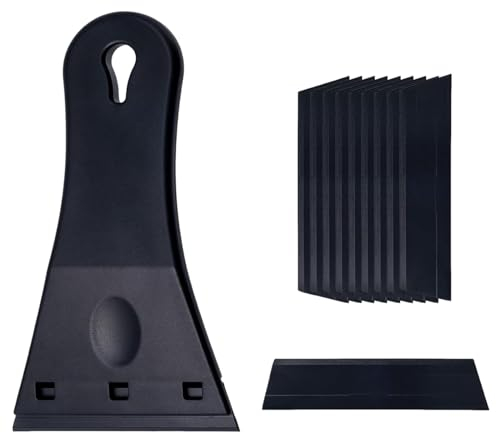 Hazrcvr 1 Pièces Grattoir Plancha, Grattoir Vitrocéramique, 1pc Grattoir à Tête + 10pc Grattoir en Plastique, pour Enlever Les Adhésifs Et Les Liants Du Verre, Des Fenêtres Et de La Céramique(10 lames