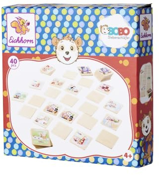 Eichhorn 109245680 - Bobo Siebenschläfer - Bilder-Memo Spiel, 40 Holzsteine mit 20 verschiedenen Motiven, 100% FSC zertifiziertes Sperrholz, ab 3 Jahren
