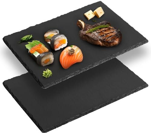 DBREAKS Lot de 2 Plateaux en Ardoise 22x14 cm, Assiette Naturelle, Planche de Service Rectangulaire pour Fromage, Sushi, Servir et Écrire
