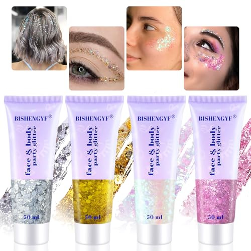 BISHENGYF 4Pcs Face and Body Glitter Festival Set - 50ml Hair and Makeup Gel in Rose Gold, Silver, White - Holographic Liquid for Lips, Nails and Party DIY