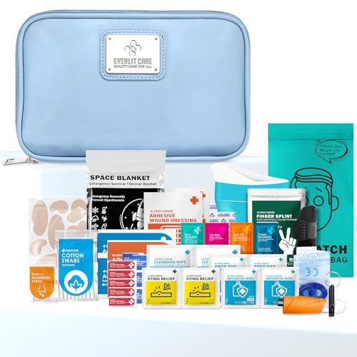 EVERLIT CARE Car First Aid Kit with Emergency Supplies Survival Gear Including Window Breaker Disposable Urine Bag Mountable Survival Kit for Family Travel in Car (Cyan)