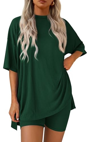 PRETTYGARDEN Women 2 Piece Lounge Set 2026 Summer Casual Oversized Shirts Biker Shorts Matching Airport Travel Outfit Clothes (Dark Green,X-Large)