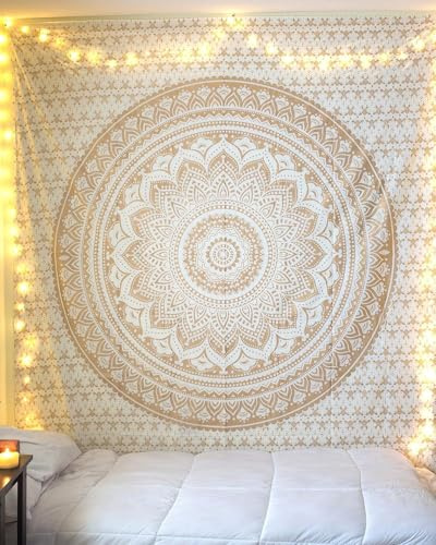 FURNISHFUL FINESSE Mandala Wandteppich Golden Wandbehang Wandteppiche Boho Ombre Wandtuch für Dekor Zuhause und Wohnzimmer– 127 x 152 cm