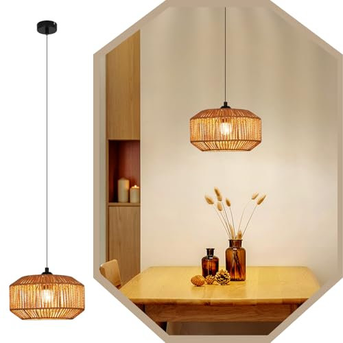 Deboola Hängelampe Vintage Pendelleuchte Esstisch - Φ25 Boho Hängeleuchte Retro 1flammig Esszimmerlampe Rattan Design mit E27 Fassung für Esszimmer Schlafzimmer Wohnzimmer Flur Küche/Ohne Leuchtmittel