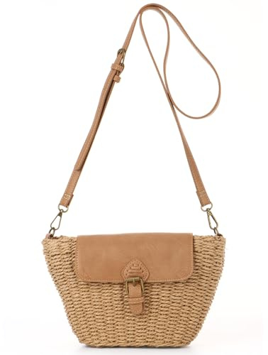 EVEOUT Sac bandoulière Paille Femme Fille Boho été Joli Petit Sac en Rotin Tissé avec Sangle Réglable pour Plage Vacances(Marron)