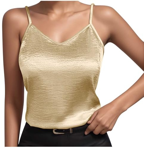 Womens Casual Sleeveless V Neck Camisole Silk Satin Tank Tops Blouses Summer Vest Basic Tank Tops Underwear Cami Loose Fit Camisole Sleeveless Undershirt Silk Lingerie Leisure Wear Gold