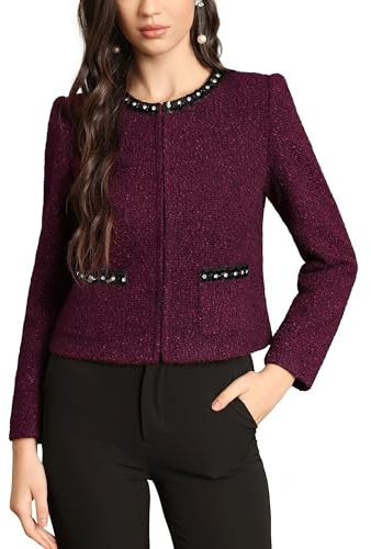 M.Infisavo Womens Sequin Crew Neck Tweed Jackets Blazer Party Business Casual Hooking Closure Outfit, Burgundy Red, Medium