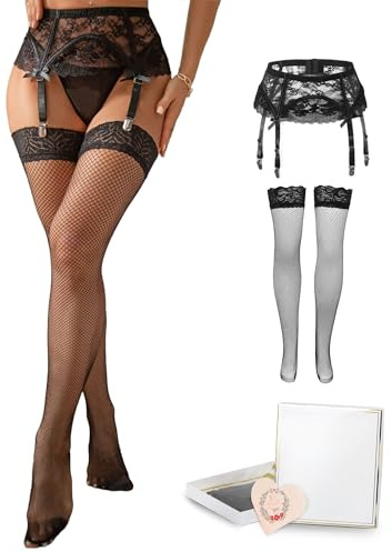 ohyeahlady Women Stretchy Lace Suspender Belt with Stockings Box Package,High Waisted Metal Clips 4 Wide Straps Garter Belt Plus Size Lingerie Set Black Size UK 16 18
