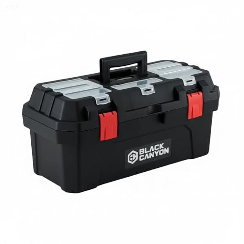 Black Canyon Tool Box - 19 Inch Plastic Dual-Layer Design, 44 lbs Load Capacity Portable Tool Box, Ergonomic Handle, Stackable & Top-Lid Storage, Perfect for DIY, Workshop & Job Site Organization