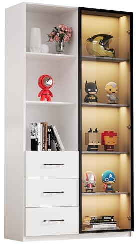 Azkoeesy Vitrina de cristal blanco con puertas de cristal templado e iluminación LED, armario de cocina, armario de cocina, con 3 cajones y estantes abiertos, para sala de estar/comedor (80 x 40 x 160