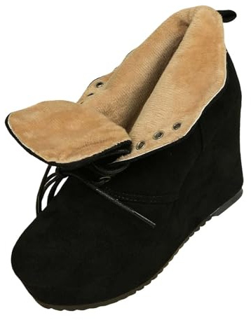 Botas De Invierno Para Mujer Forradas,Botas Cortas Para Mujer Con Tacón Oblicuo,Plataforma Lisa Casual De Cuña Media Botas Anchas de Pantorrilla Botas de Mujer, Negro , 39 EU