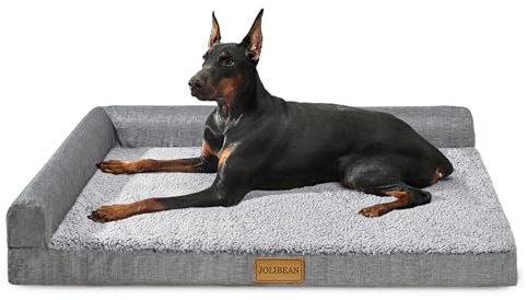 Jolibean Orthopedic Dog Bed Large Sized Dog 91X61cm, Waterproof L Bolster Medium Pet Sofa Beds with Removable Washable Cover, Soft Comfortable Pet Couch Crate Mat with Nonskid Bottom, Grey