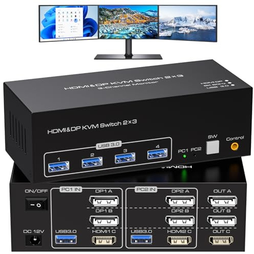 ATLAHET 8K KVM Switch 3 Monitors 2 Computers 8K 60Hz 4K 120Hz KVM Switches HDMI+2 Displayport for Two PC Share Triple Monitor and 4 USB 3.0 Devices Support Extended and Duplicate Mode-2DP+HDMI-15.5CM
