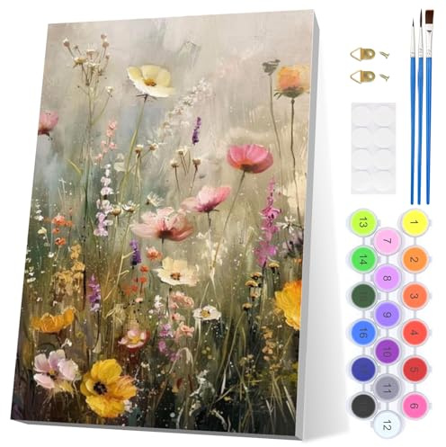 EOBROMD Vilda blommor måla efter siffror för vuxna med ram, landskapsmåla efter siffror kit, akryl enkel målning efter siffror för present hem väggdekor (8x12in / 20 x 30 cm)