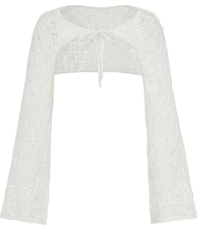 SHENHE Women's Crochet Knit Bolero Shrug Hollow Out Tie Front Lightweight Cropped Cardigan White Large