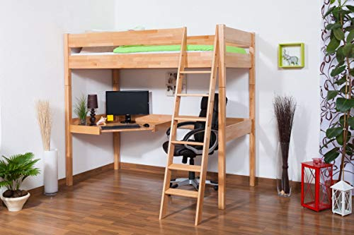 Kinderbett Hochbett Patrick Buche massiv Natur mit Schreibtischplatte, inkl. Rollrost - 90 x 200 cm