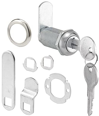 Prime-Line U 9950KA Diecast Keyed Alike Drawer and Cabinet Lock – 3 Cams, Trim Collar, 2 Washers, 2 Keys and Fasteners – 1-3/8 in. Length for 1 in. Max Panel Thickness, Stainless Steel (1 Set)
